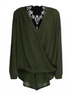 Choies Green V Neck Crochet Lace Back Long Sleeve Chiffon Blouse