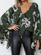 Choies Green V-neck Floral Print Ruffle Trim Flare Sleeve Crop Blouse