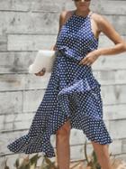 Choies Blue Cotton Polka Dot Print Sleeveless Chic Women Hi-lo Midi Dress
