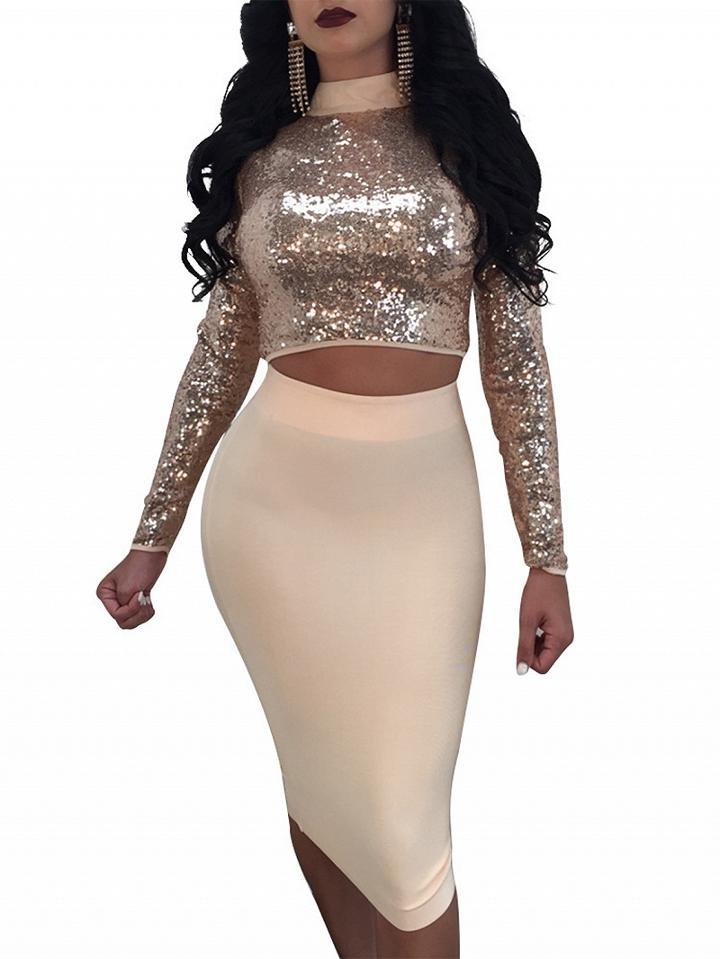 Choies Gold Lace Up Sequin Detail Crop Top And Bodycon Skirt