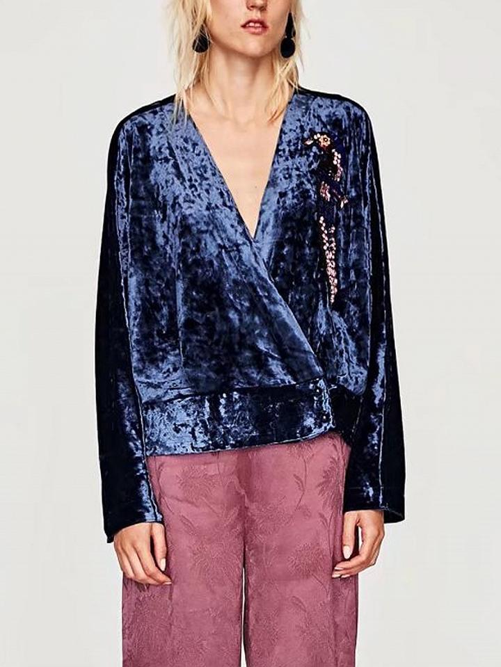 Choies Blue Velvet V-neck Wrap Front Long Sleeve Top