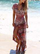 Choies Red Wrap Front V-neck Geo-tribal Split Maxi Trumpet Dress