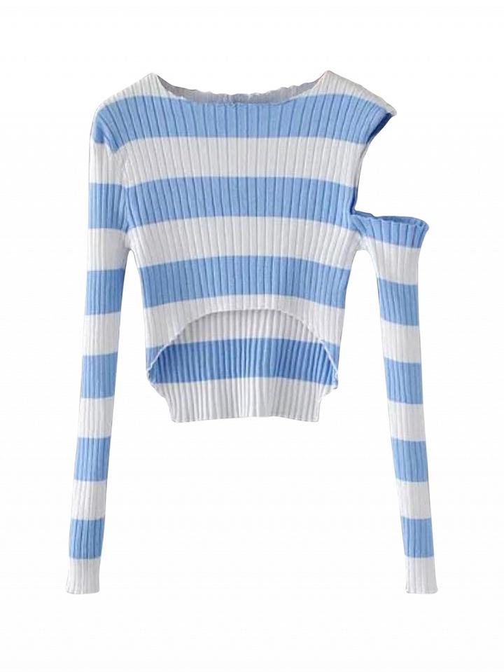 Choies Blue Stripe Cold Shoulder Dip Hem Rib Knit Crop Top