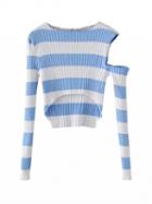 Choies Blue Stripe Cold Shoulder Dip Hem Rib Knit Crop Top