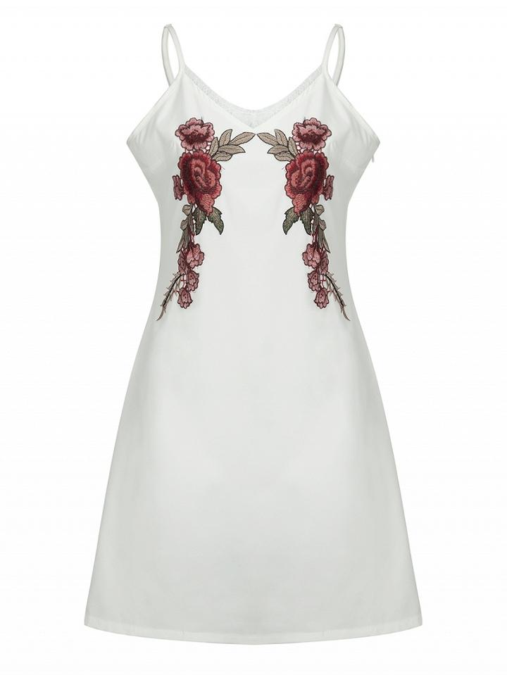 Choies White Floral Embroidery Lace Trim Cami Dress