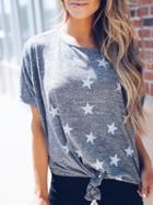 Choies Gray Cotton Star Print Knot Front Batwing Sleeve Chic Women T-shirt