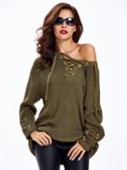 Choies Army Green Plunge Neck Lace Up Front Long Sleeve Knit Dress