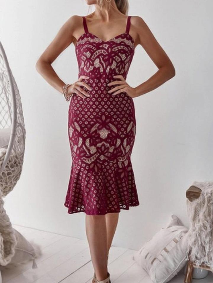 Choies Red V-neck Fishtail Hem Women Lace Bodycon Cami Dress