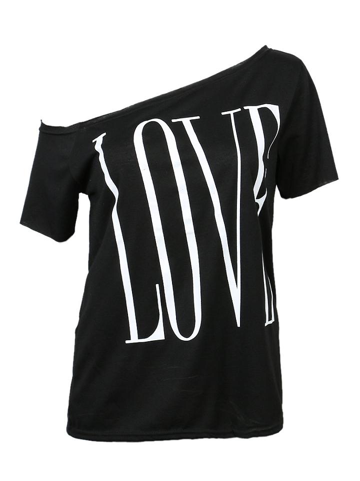 Choies Black Off Shoulder Letter Print Short Sleeve T-shirt