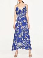 Choies Blue Floral V-neck Ruffle Trim Spaghetti Strap Maxi Dress