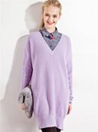 Choies Purple V-neck Long Sleeve Longline Knit Sweater