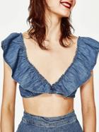 Choies Blue Plunge V-neck Ruffle Trim Tie Back Denim Crop Top