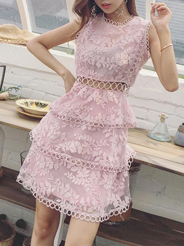 Choies Pink Cut Out Detail Sleeveless Layered Sheer Lace Dress
