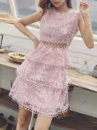 Choies Pink Cut Out Detail Sleeveless Layered Sheer Lace Dress