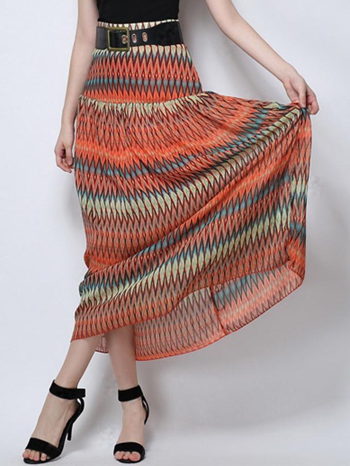 Choies Orange Red Pop Print Belt Waist Ruched High Waist Maxi Skirt