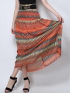Choies Orange Red Pop Print Belt Waist Ruched High Waist Maxi Skirt