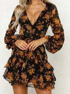 Choies Yellow Plunge Floral Print Puff Sleeve Chic Women Mini Dress