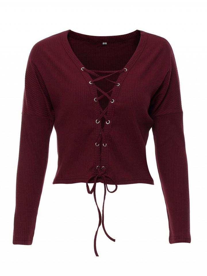 Choies Red Plunge Neck Lace Up Front Knit Cropped Jumper