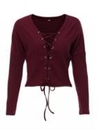 Choies Red Plunge Neck Lace Up Front Knit Cropped Jumper