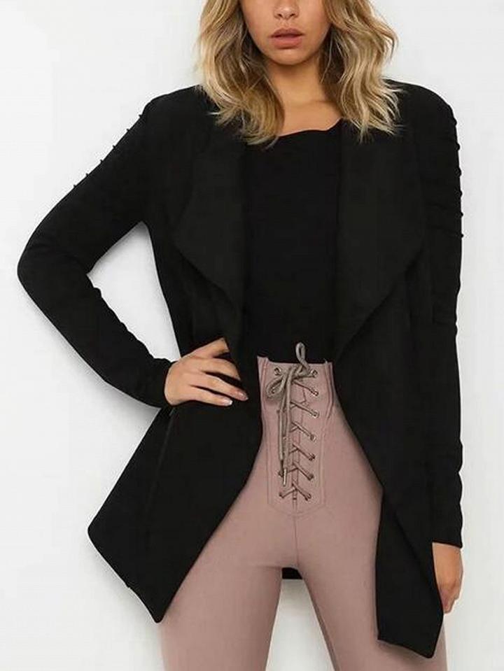 Choies Black Faux Suede Lapel Zip Cuff Long Sleeve Coat