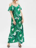 Choies Green Plunge Cami Leaf Print Cut Out Detail Maxi Dress