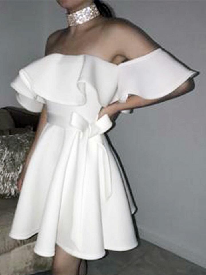 Choies White Off Shoulder Tie Waist Ruffle Trim Mini Dress