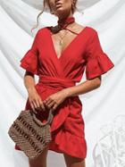 Choies Red Halter V-neck Tie Waist Ruffle Hem Flare Sleeve Mini Dress