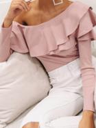 Choies Pink Asymmetric Neck Ruffle Trim Long Sleeve Chic Women Knit Blouse
