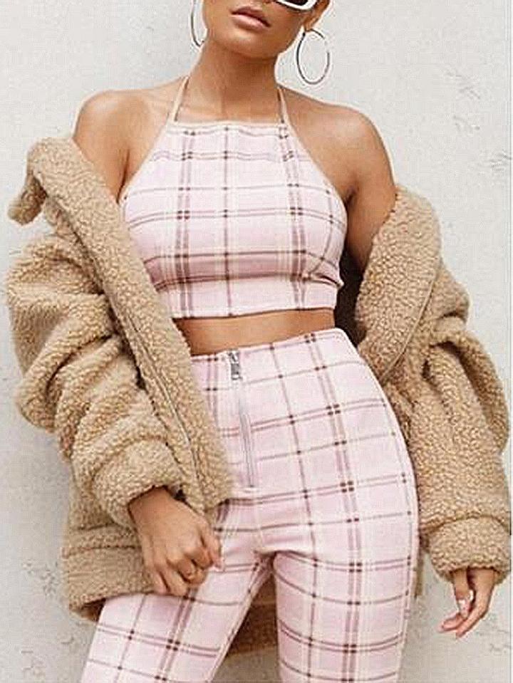 Choies Pink Plaid Halter Open Back Crop Top And High Waist Pants