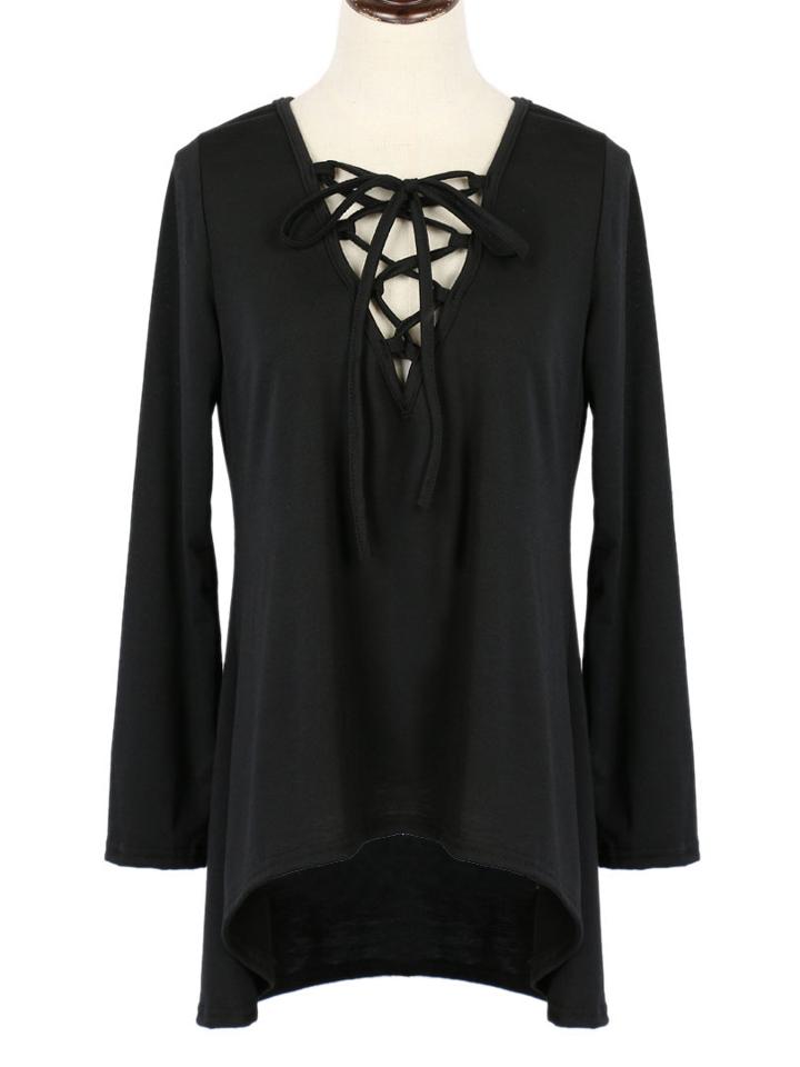 Choies Black Plunge Lace Up Front Long Sleeve Hooded T-shirt