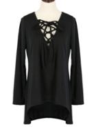 Choies Black Plunge Lace Up Front Long Sleeve Hooded T-shirt