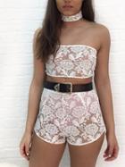 Choies White Choker Neck Bandeau Embroidery Crop Top And Shorts