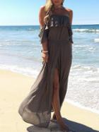 Choies Dark Gray Bandeau Ruffle Trim Thigh Split Front Maxi Dress