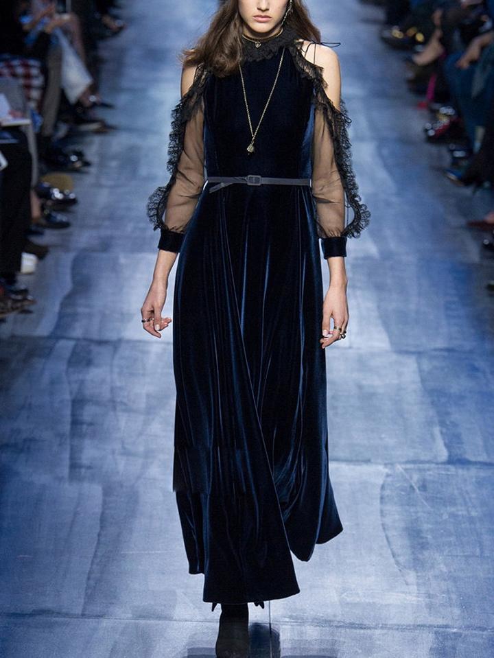 Choies Navy Velvet Cold Shoulder Belt Waist Lace Panel Maxi Dress