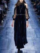 Choies Navy Velvet Cold Shoulder Belt Waist Lace Panel Maxi Dress