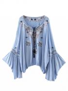 Choies Blue Tie Front Embroidery Floral Flared Sleeve Blouse
