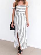 Choies White Stripe Off Shouledr Side Split Maxi Dress