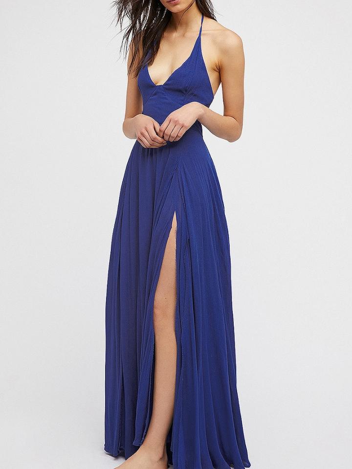 Choies Blue Halter Thigh Split Open Back Maxi Dress