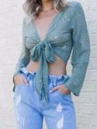 Choies Green Plunge Star Sequin Detail Long Sleeve Chic Women Crop Blouse