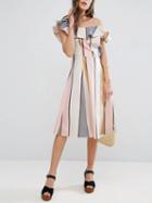 Choies Polychrome Stripe One Shoulder Ruffle Trim Midi Dress