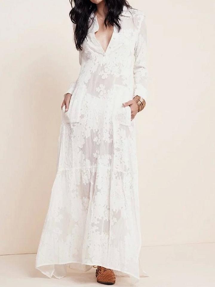 Choies White Embroidery Detail Split Side Long Sleeve Maxi Dress