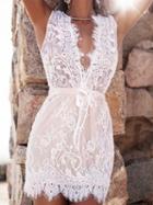 Choies White Plunge Drawstring Waist Sleeveless Chic Women Lace Mini Dress