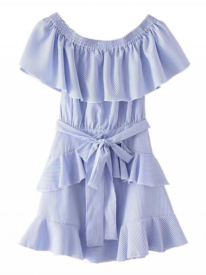 Choies Blue Stripe Off Shoulder Ruffle Tie Wasit Skater Dress