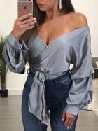 Choies Silver Off Shoulder Wrap Tie Waist Ruched Long Sleeve Blouse