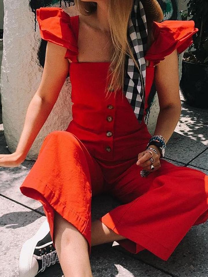 Choies Red Cotton Button Placket Front Sleeveless Chic Women Jumpsuit