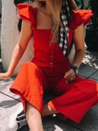 Choies Red Cotton Button Placket Front Sleeveless Chic Women Jumpsuit