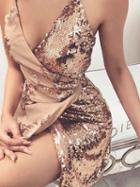 Choies Khaki V-neck Sequin Detail Tie Waist Women Cami Mini Dress