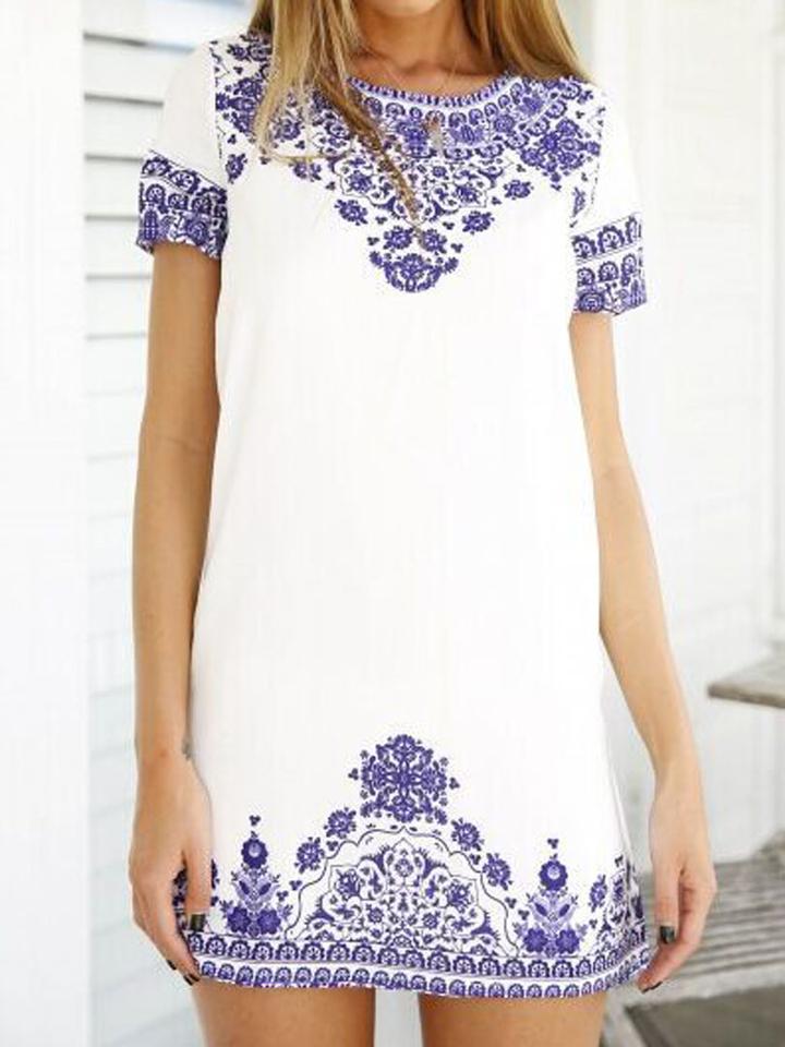 Choies White Tile Print Short Sleeve Keyhole Back Shift Dress