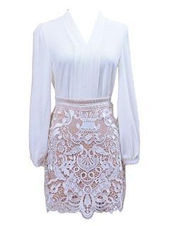 Choies White V-neck Chiffon Shirt With Lace Skirt