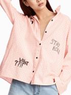 Choies Pink Gingham Embroidery Long Sleeve Shirt